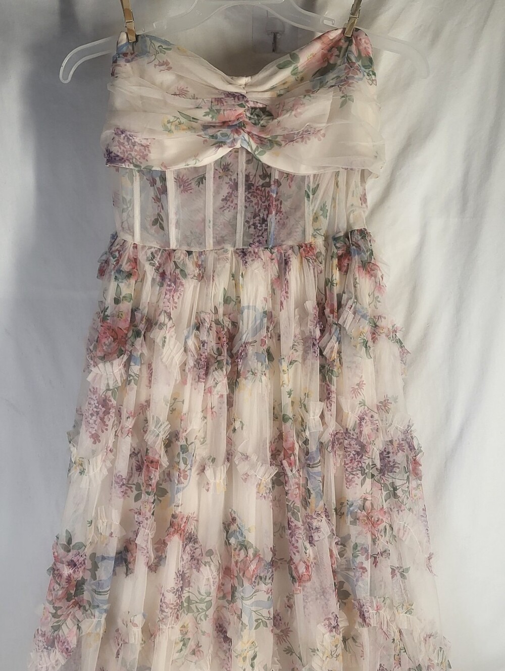 Faeriesty Ruched Bustier Ruffle Trim Hem Floral Print Tube Maxi Dress Size 1XL - Picture 5 of 16